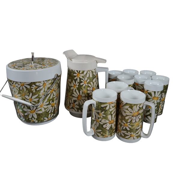 West Bend Other - West Bend Thermo Serv Daisy Pitcher Cup Set Mid Century Modern Retro Floral